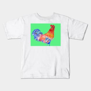 Rooster Chicken Watercolor Painting on Green Kids T-Shirt